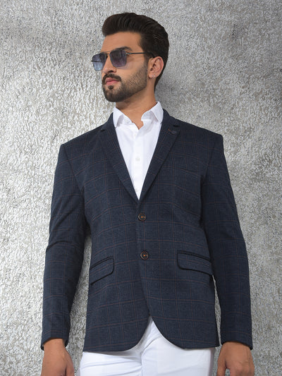 Navy Blue Checked Notched Lapel Single-Breasted Blazer