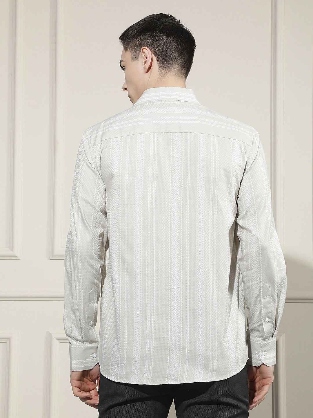 Beige Vertical Striped 100% Cotton Shirt
