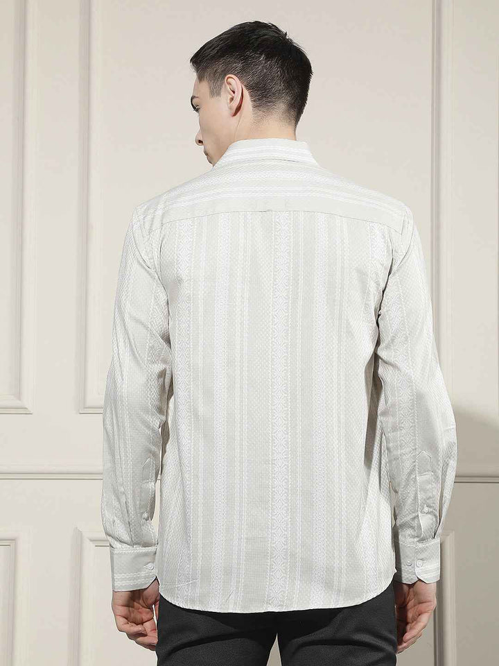 Beige Vertical Striped 100% Cotton Shirt