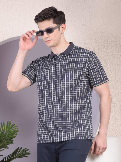 Navy Blue Printed Polo-Neck T-Shirt