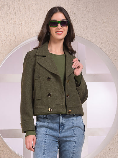 Olive Notched Lapel Double-Breasted Coat
