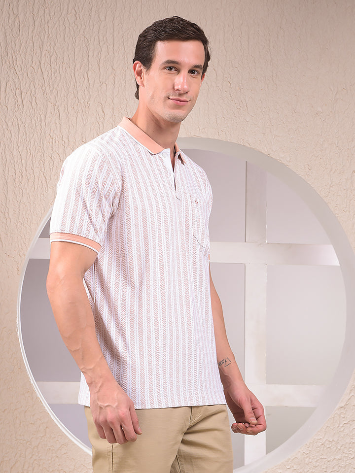 Peach Vertical Stripes Polo Neck T-Shirt