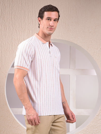 Peach Vertical Stripes Polo Neck T-Shirt