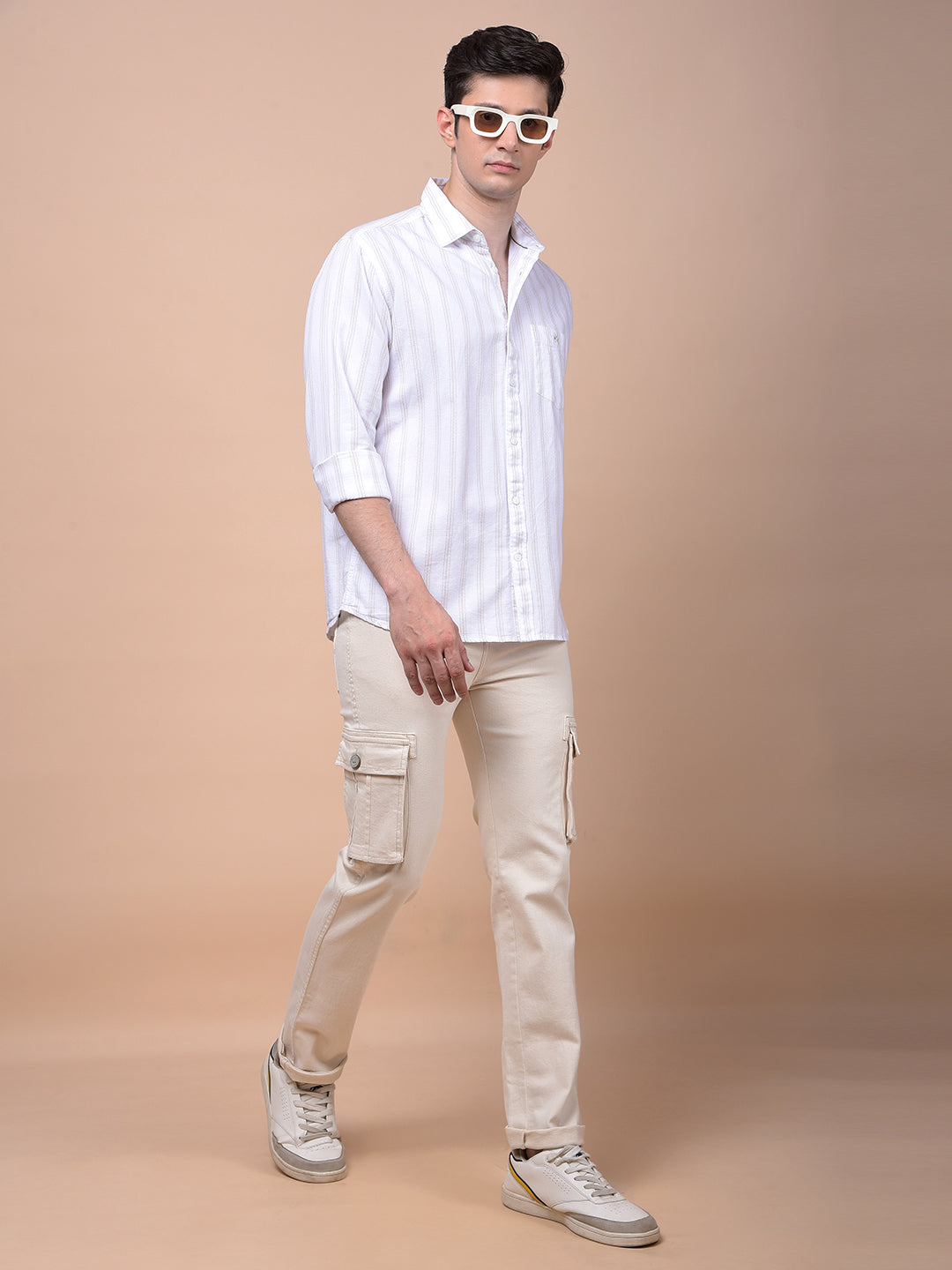 Beige Vertical Stripes 100% Cotton Shirt