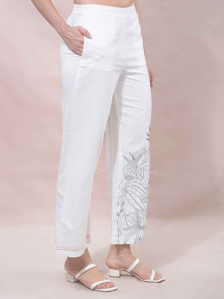 Off White Embroidered Wide Leg Casual Trousers