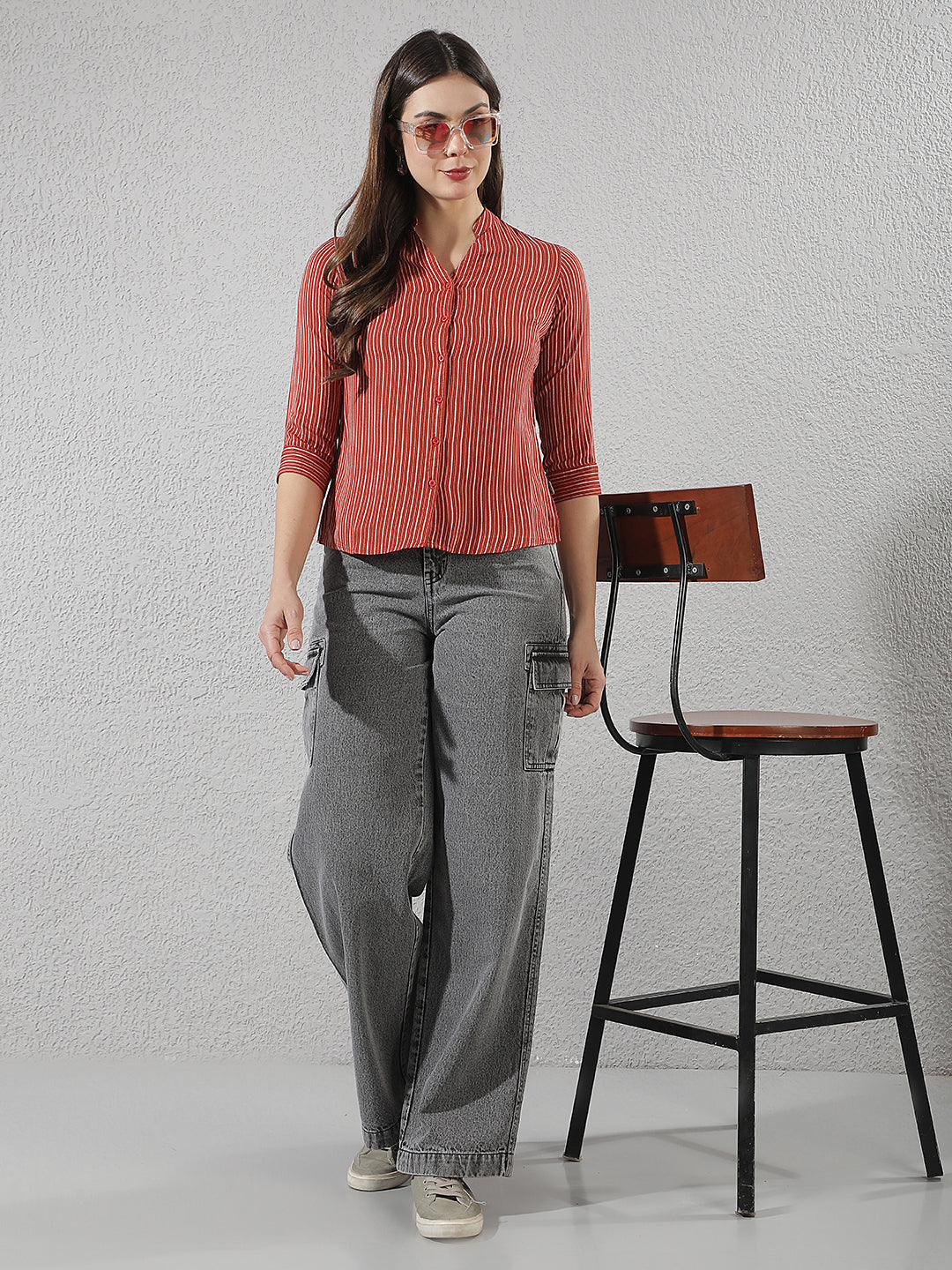 Red Vertical Striped V-Neck Shirt