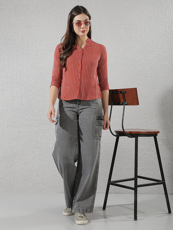 Red Vertical Striped V-Neck Shirt