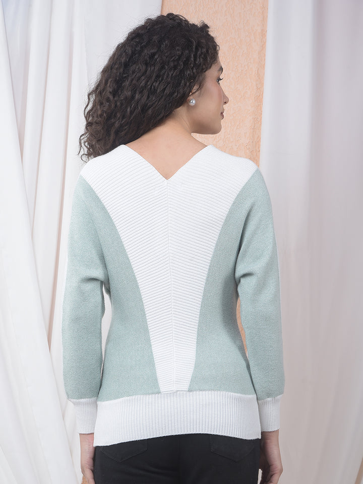 Colorblocked V-Neck Green Sweater