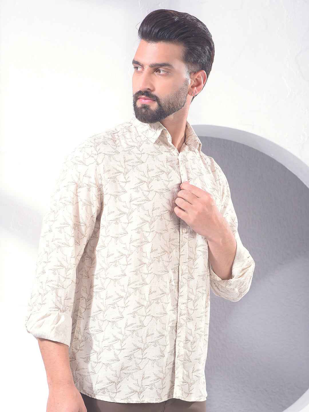 Beige Floral Print Linen Shirt