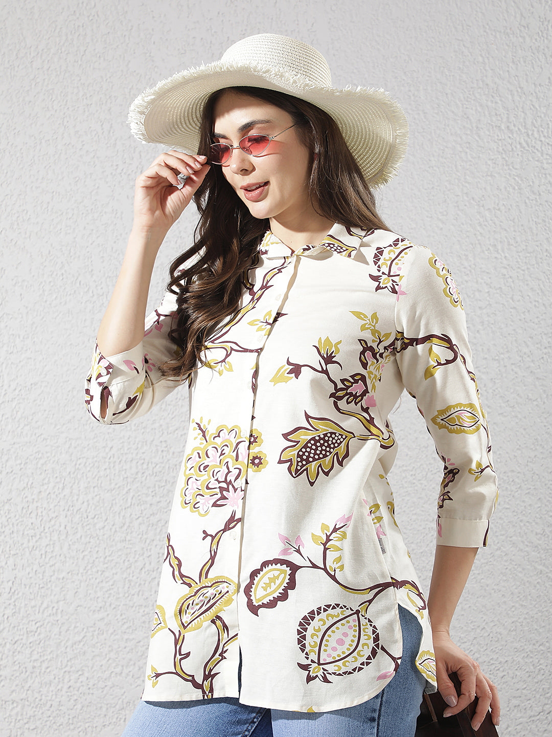 Multi-Color Botanical Print Longline Linen Shirt
