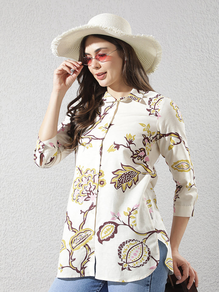 Multi-Color Botanical Print Longline Linen Shirt