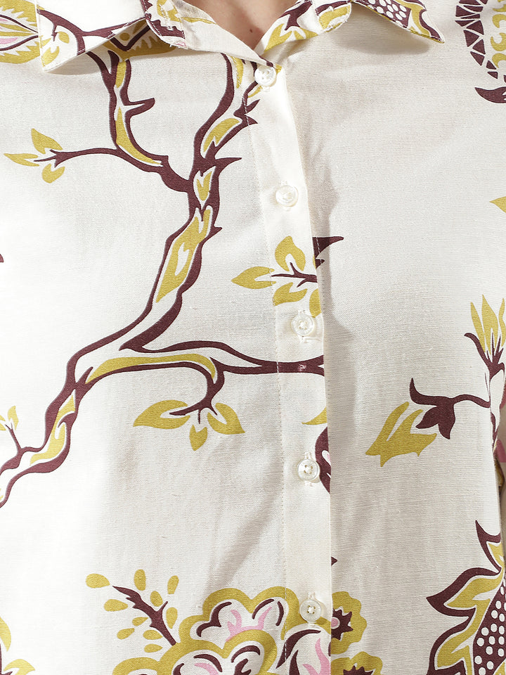 Multi-Color Botanical Print Longline Linen Shirt
