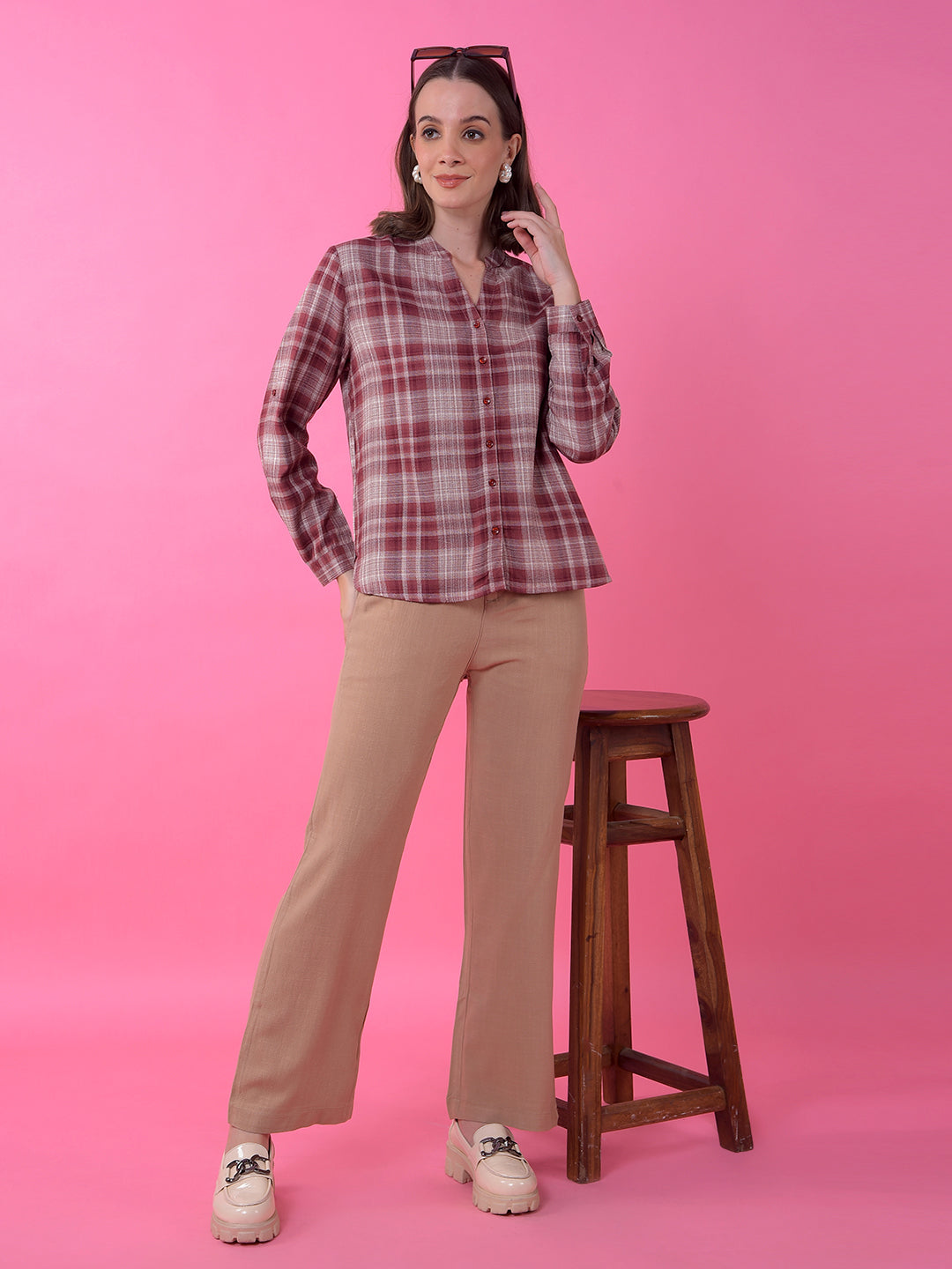 Brown Checked V-Neck Shirt