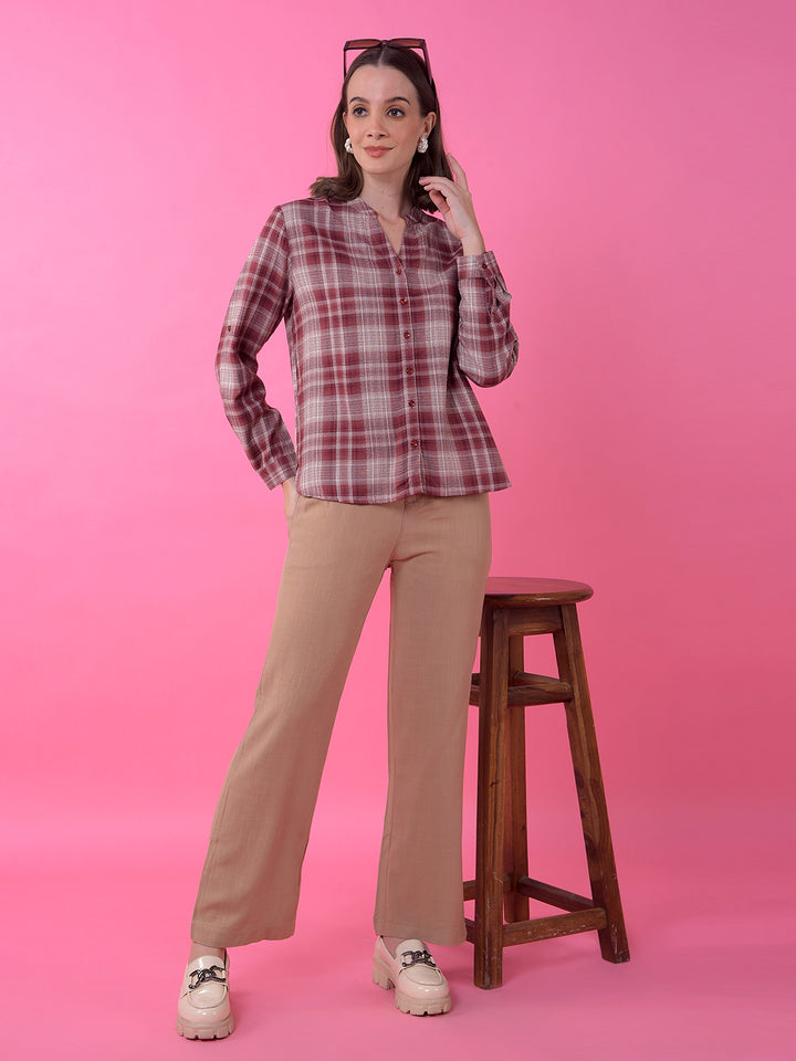 Brown Checked V-Neck Shirt