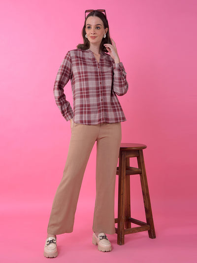 Brown Checked V-Neck Shirt