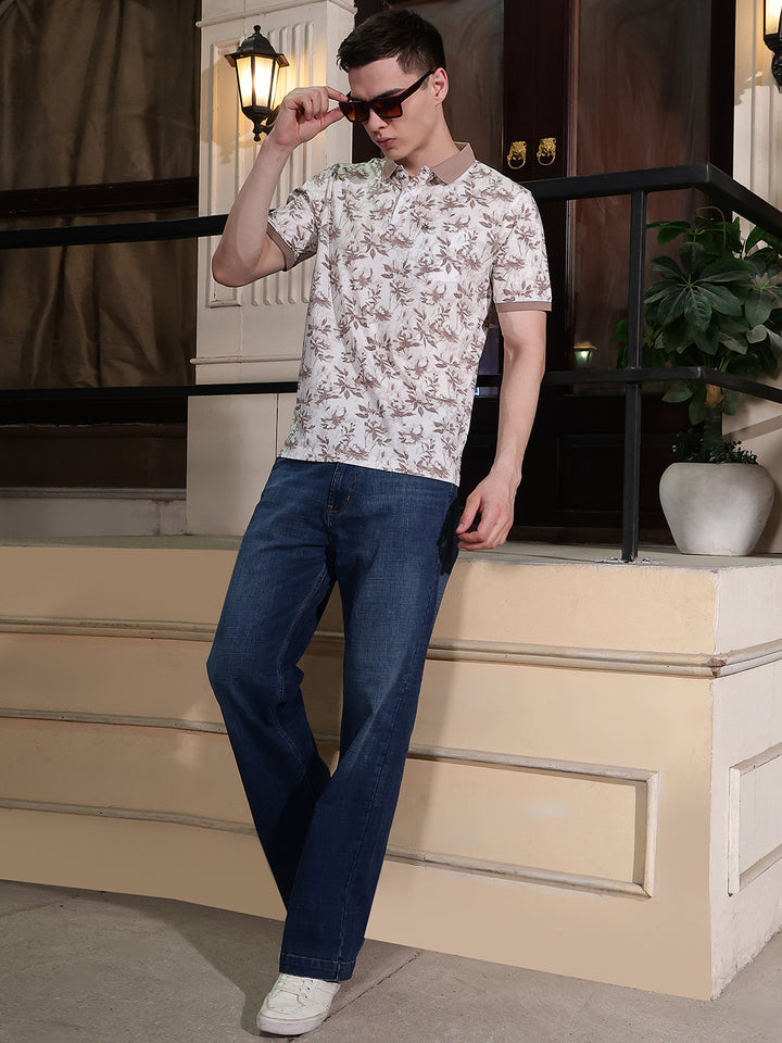 Brown Floral Print Polo Neck T-Shirt