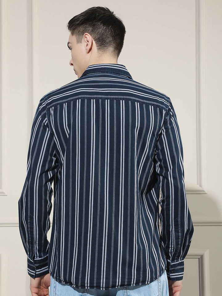 Navy Blue Vertical Stripes 100% Cotton Shirt