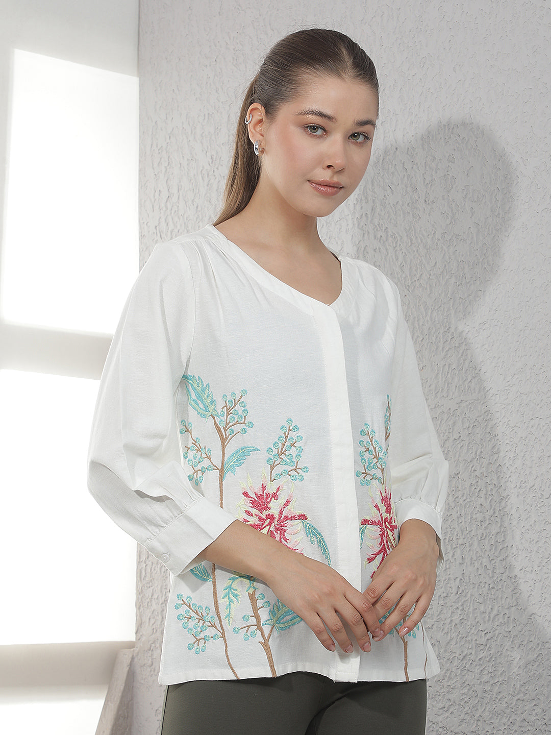 Off White Embroidered V-Neck Linen Top