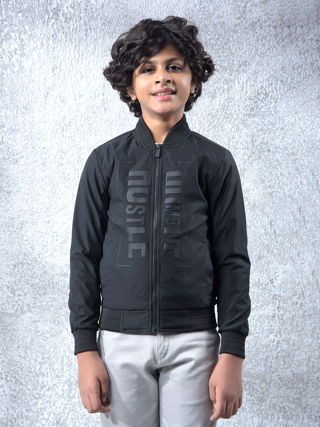 Black Typographic Print Bomber Jacket