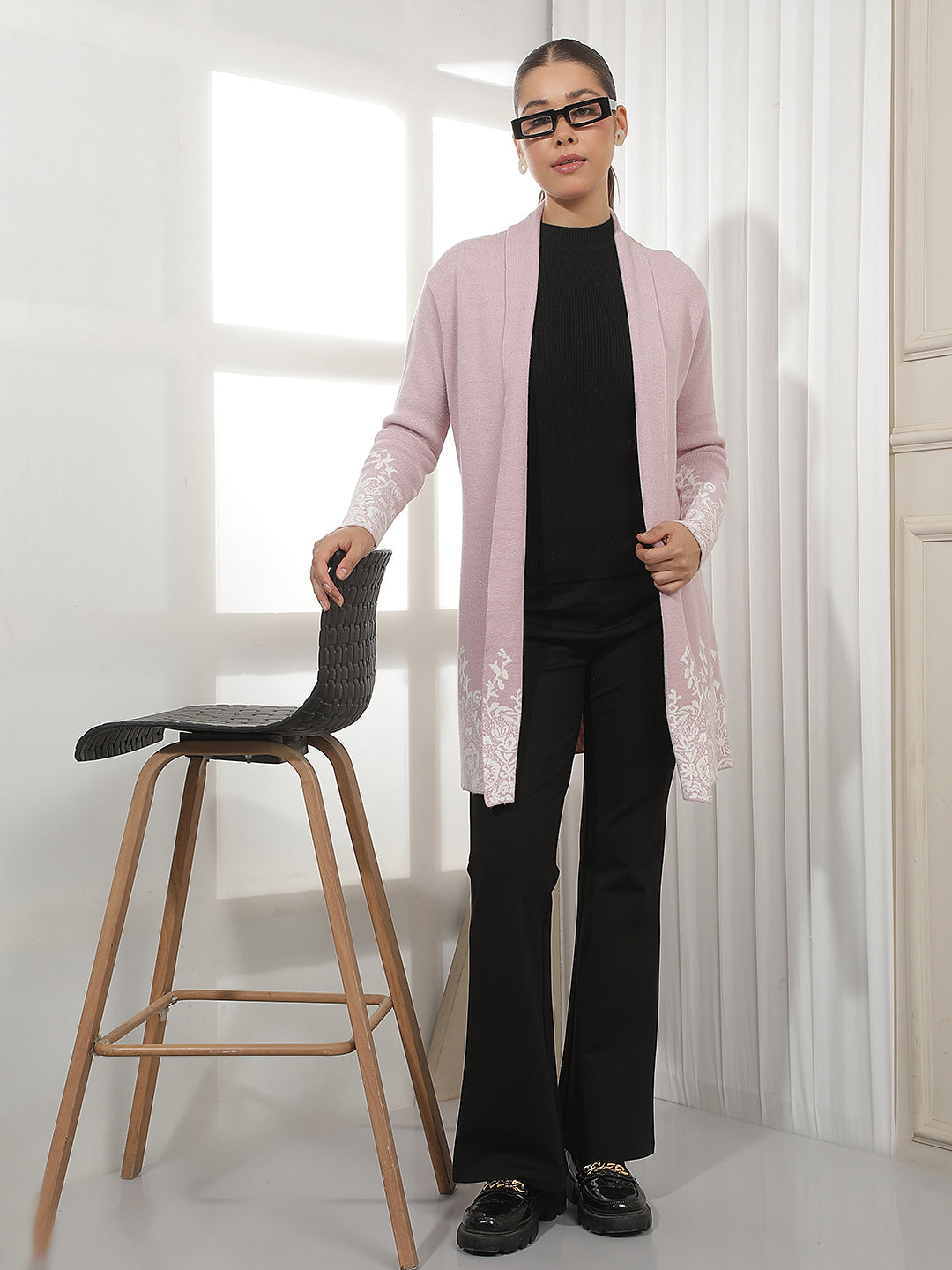 Pink Jacquard Longline Shrug