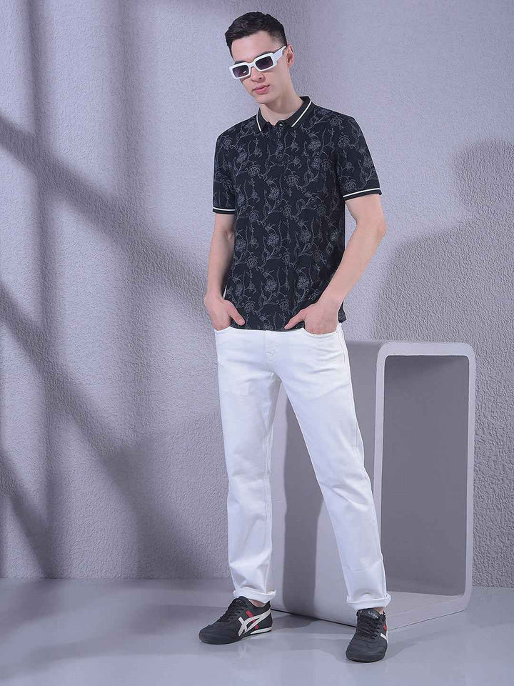 Black Floral Print Polo Neck T-Shirt