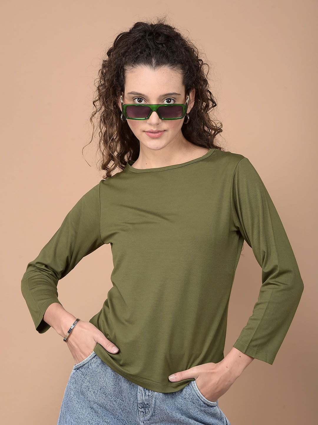 Olive Crop Length T-Shirt-Women T-Shirts-Crimsoune Club