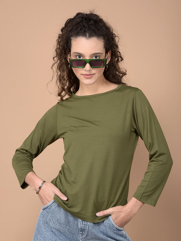 Olive Crop Length T-Shirt-Women T-Shirts-Crimsoune Club
