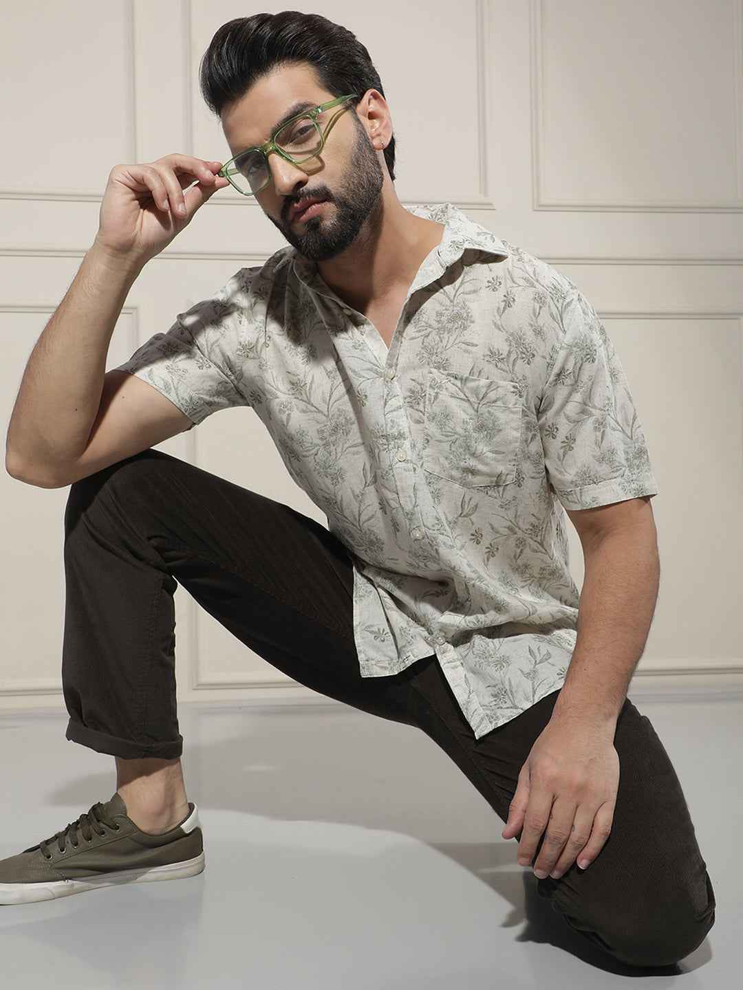 Green Floral Print Linen Shirt