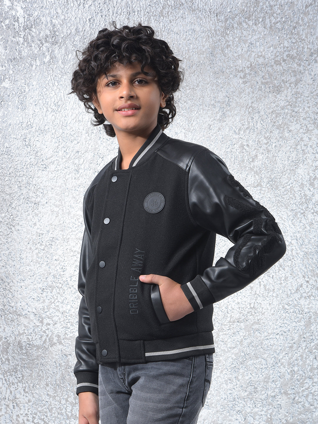 Black Typographic Print Varsity Jacket