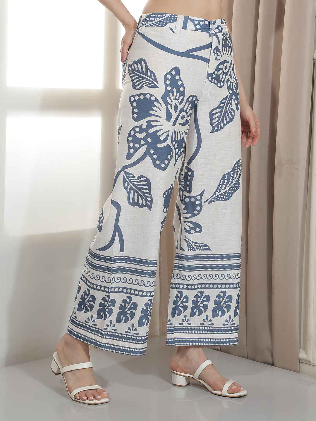 Blue Floral Print Straight Trousers