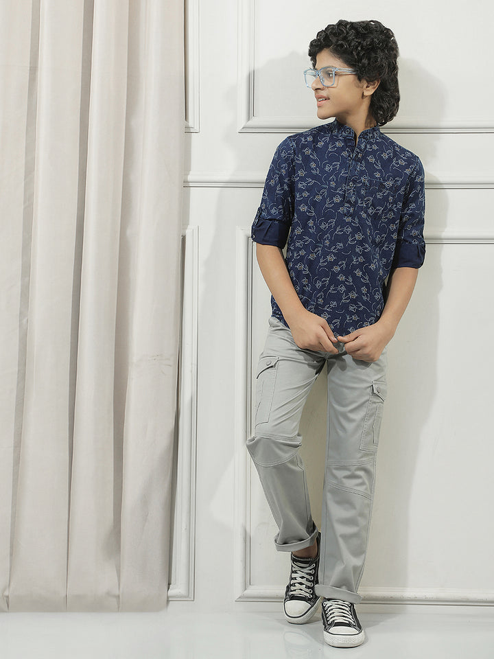 Navy Blue 100% Cotton Graphic Print Mandarin Neck Kurta