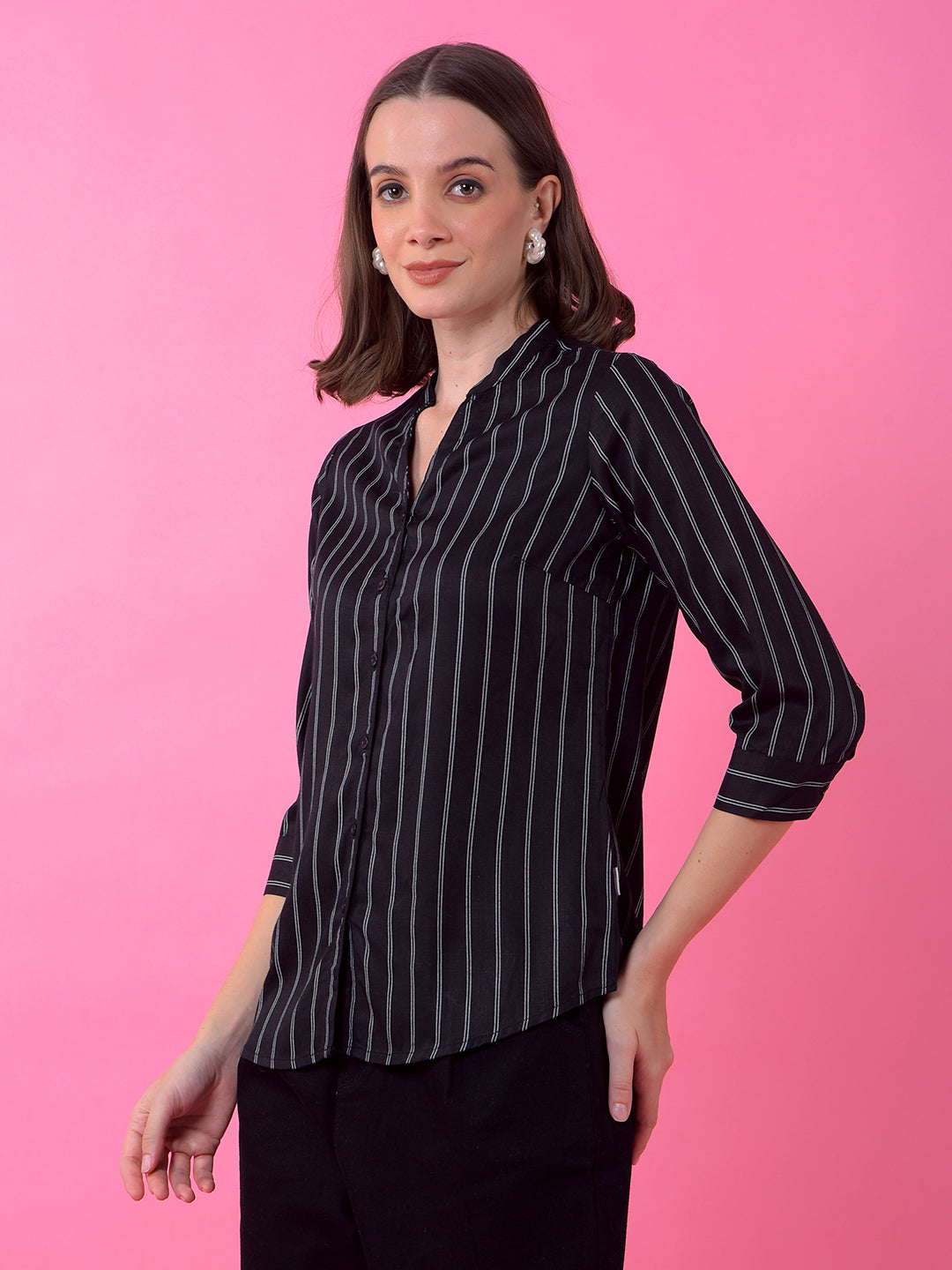 Black Vertical Stripes V-Neck Shirt