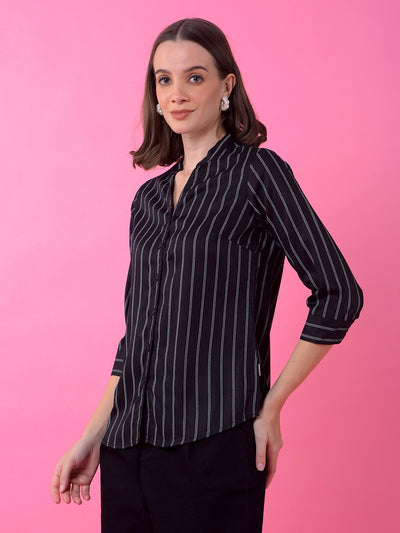 Black Vertical Stripes V-Neck Shirt