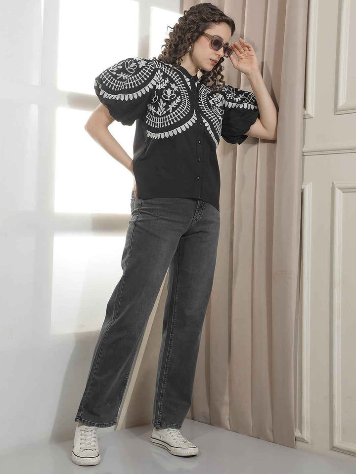 Black 100% Cotton Embroidery Shirt