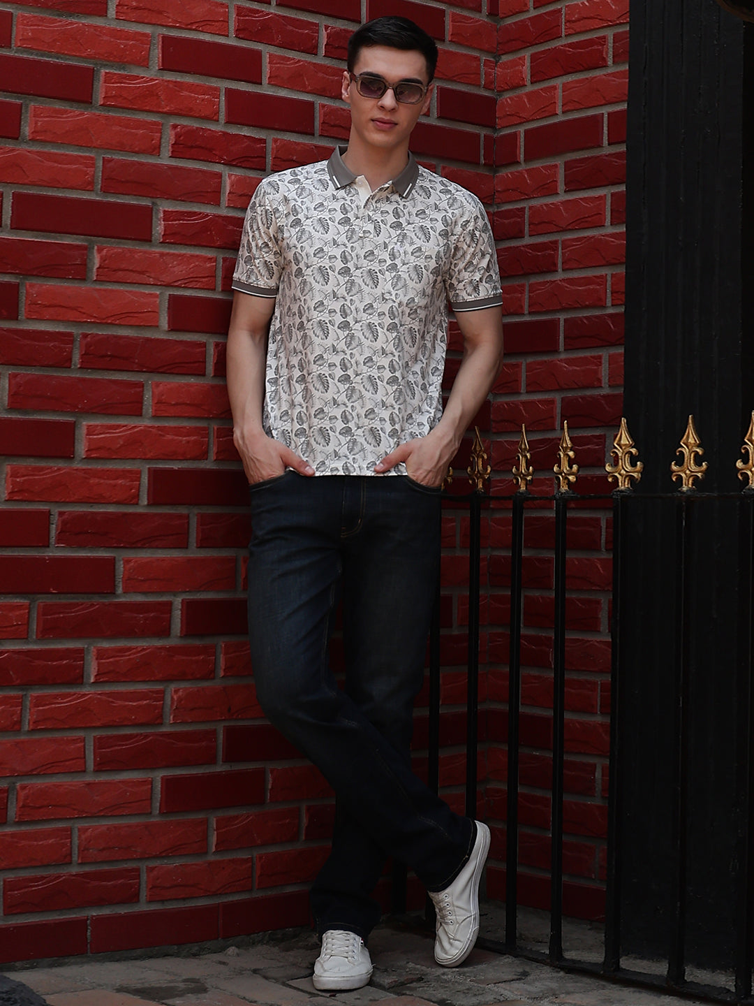 Grey Floral Print Polo Neck T-Shirt