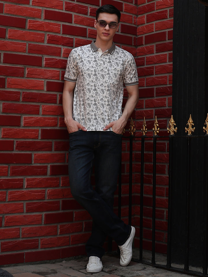 Grey Floral Print Polo Neck T-Shirt