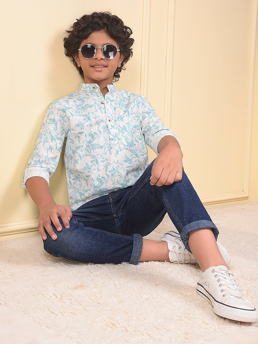 Blue Floral Print 100% Cotton Kurta