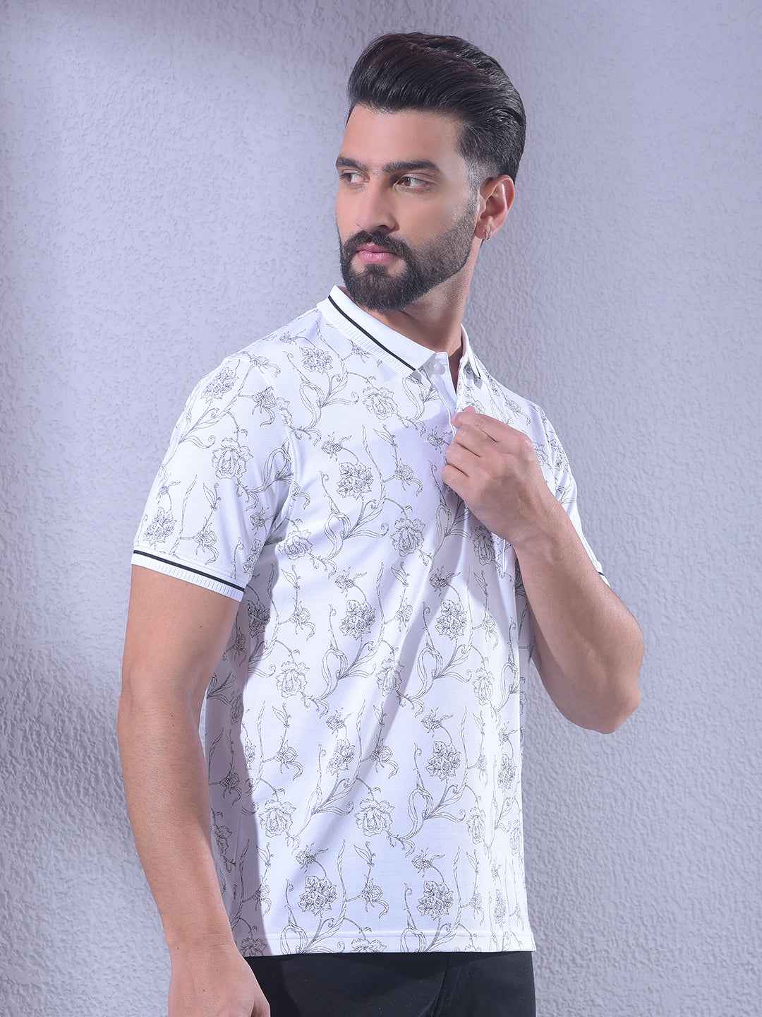 White Floral Print Polo Neck T-Shirt