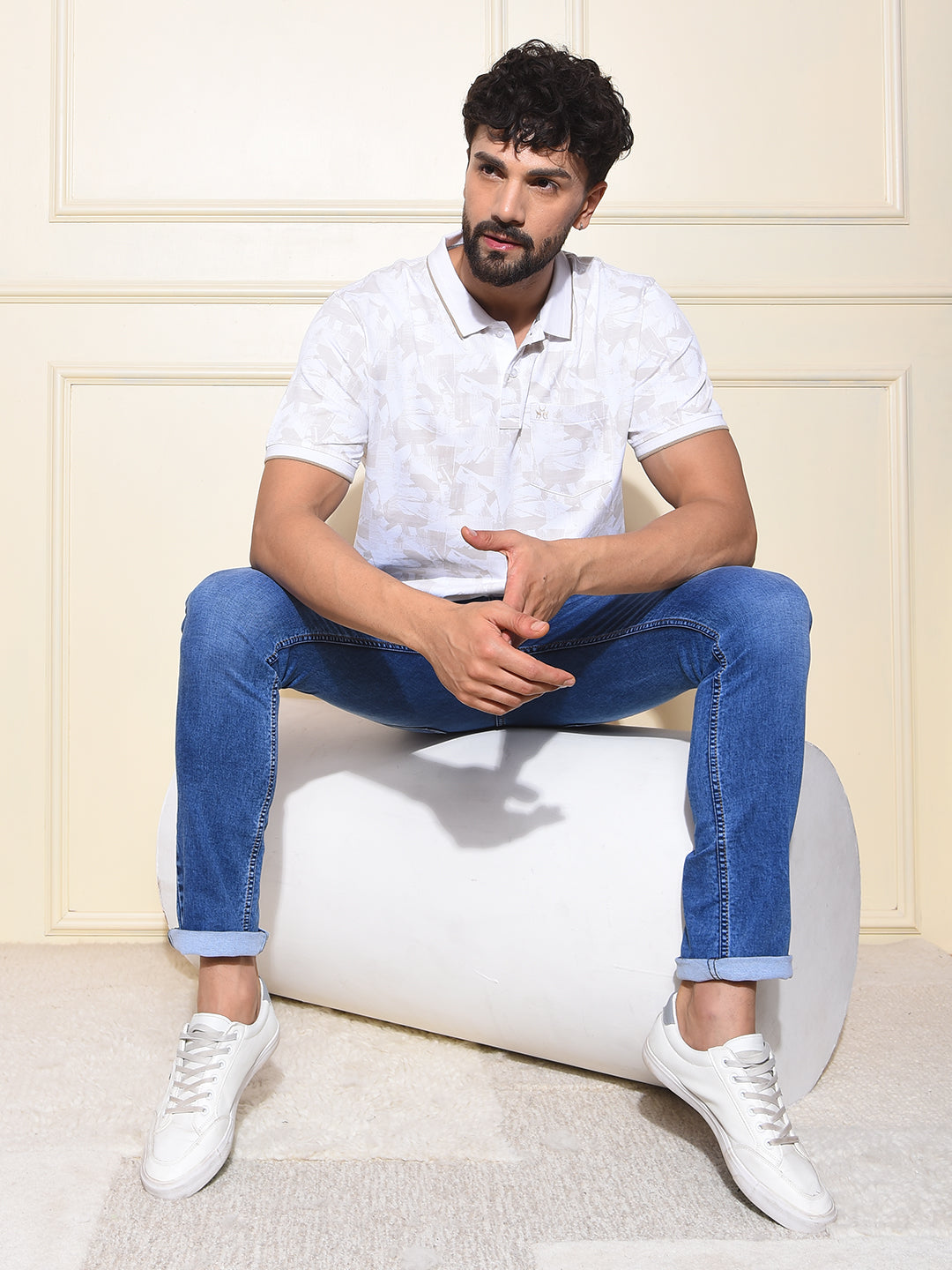Beige Printed Polo-Neck T-Shirt