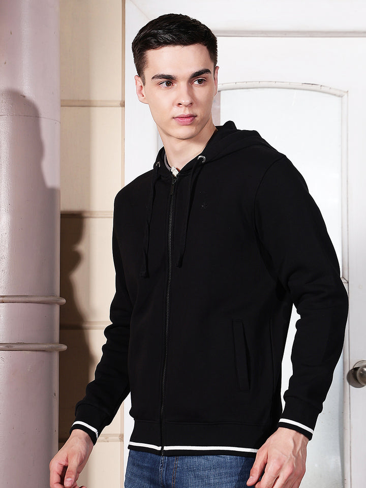 Black Hooded Neck Front Open Sweatshirt