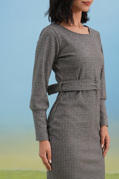 Grey Vertical Stripes Winter Bodycon Belted-Dress