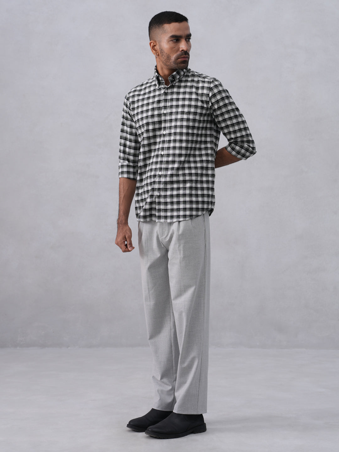 Green Checked 100% Cotton Button-Down Collar Shirt