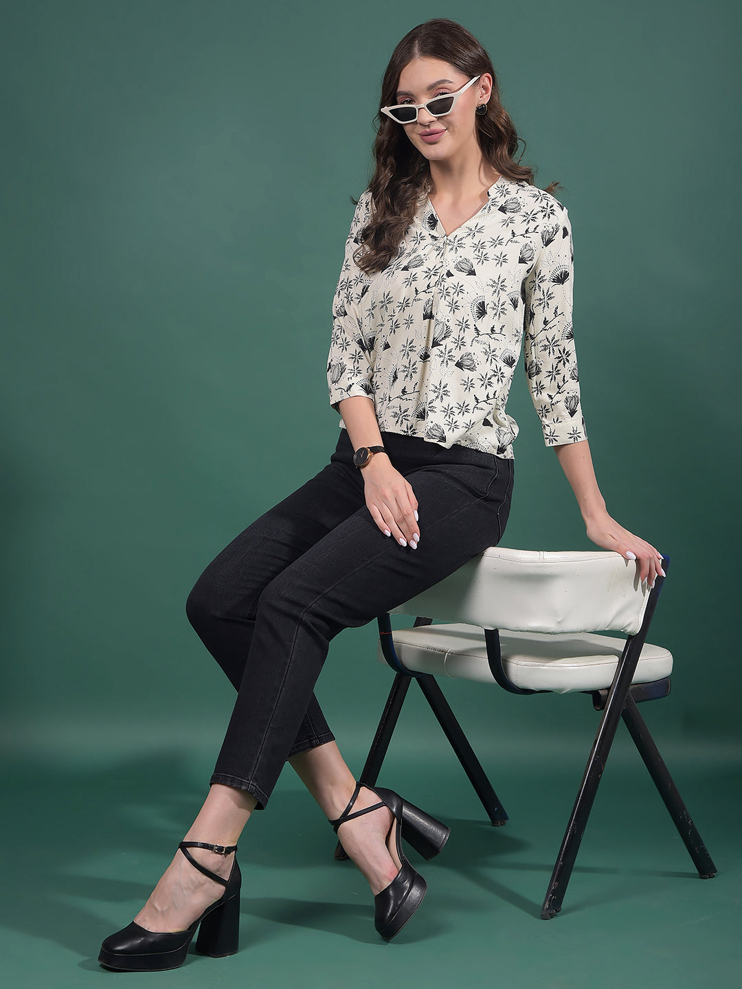 White Floral Print V-Neck Top