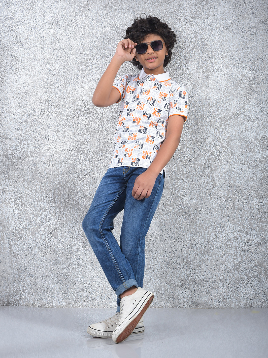 Orange Printed Polo Neck T-Shirt