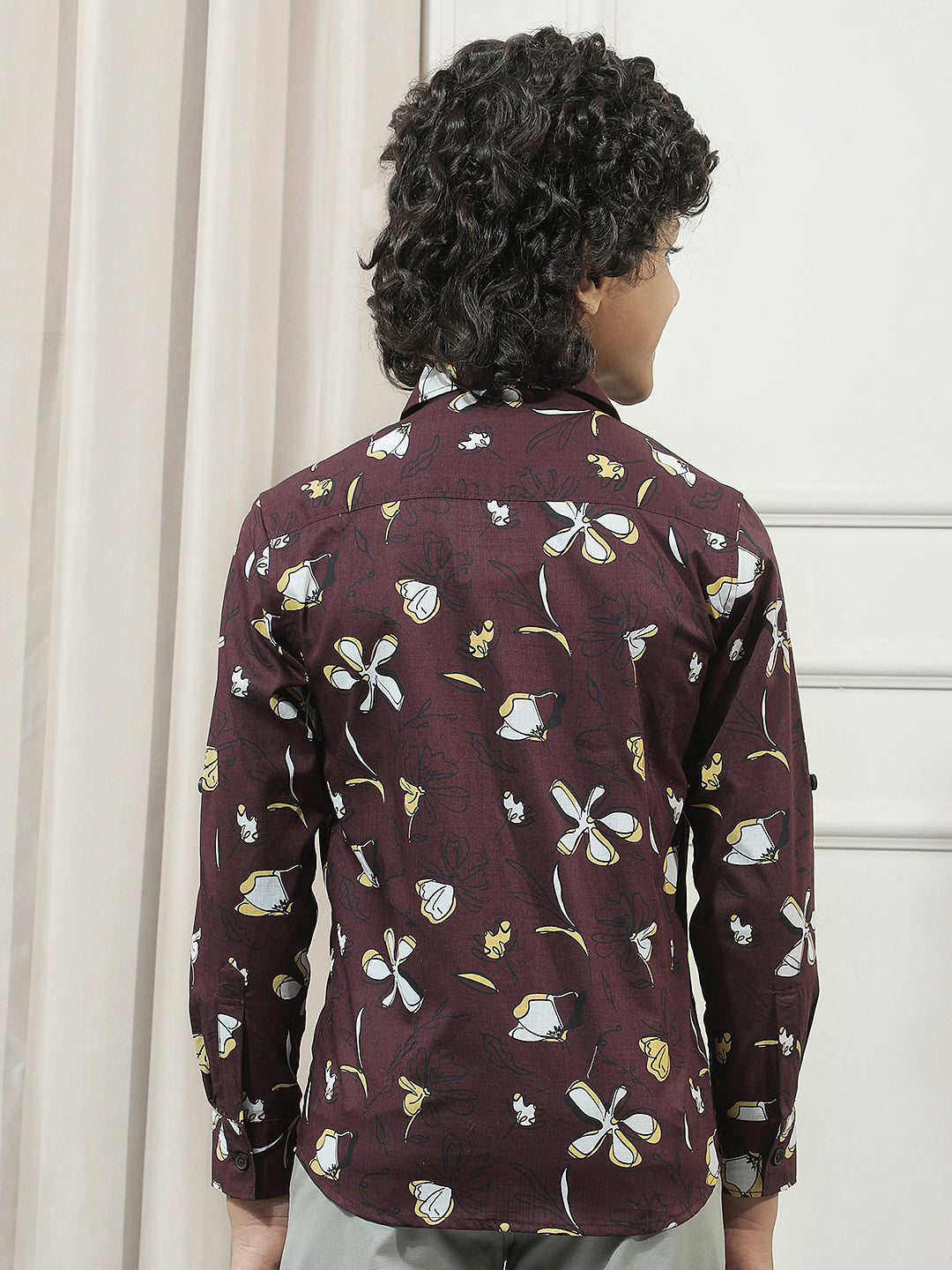 Maroon 100% Cotton Floral Print Shirt