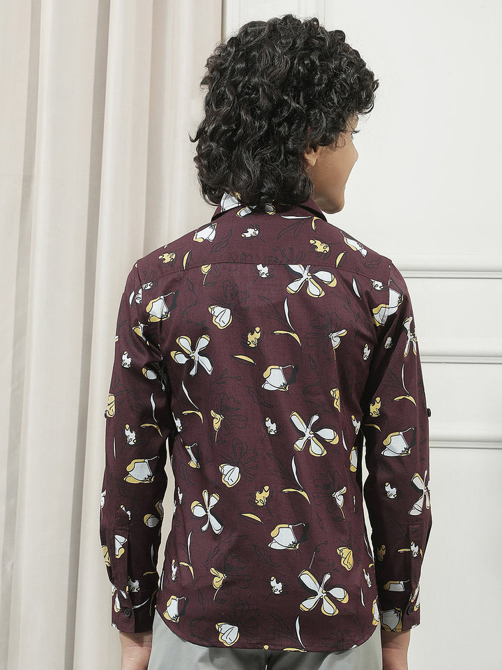 Maroon 100% Cotton Floral Print Shirt