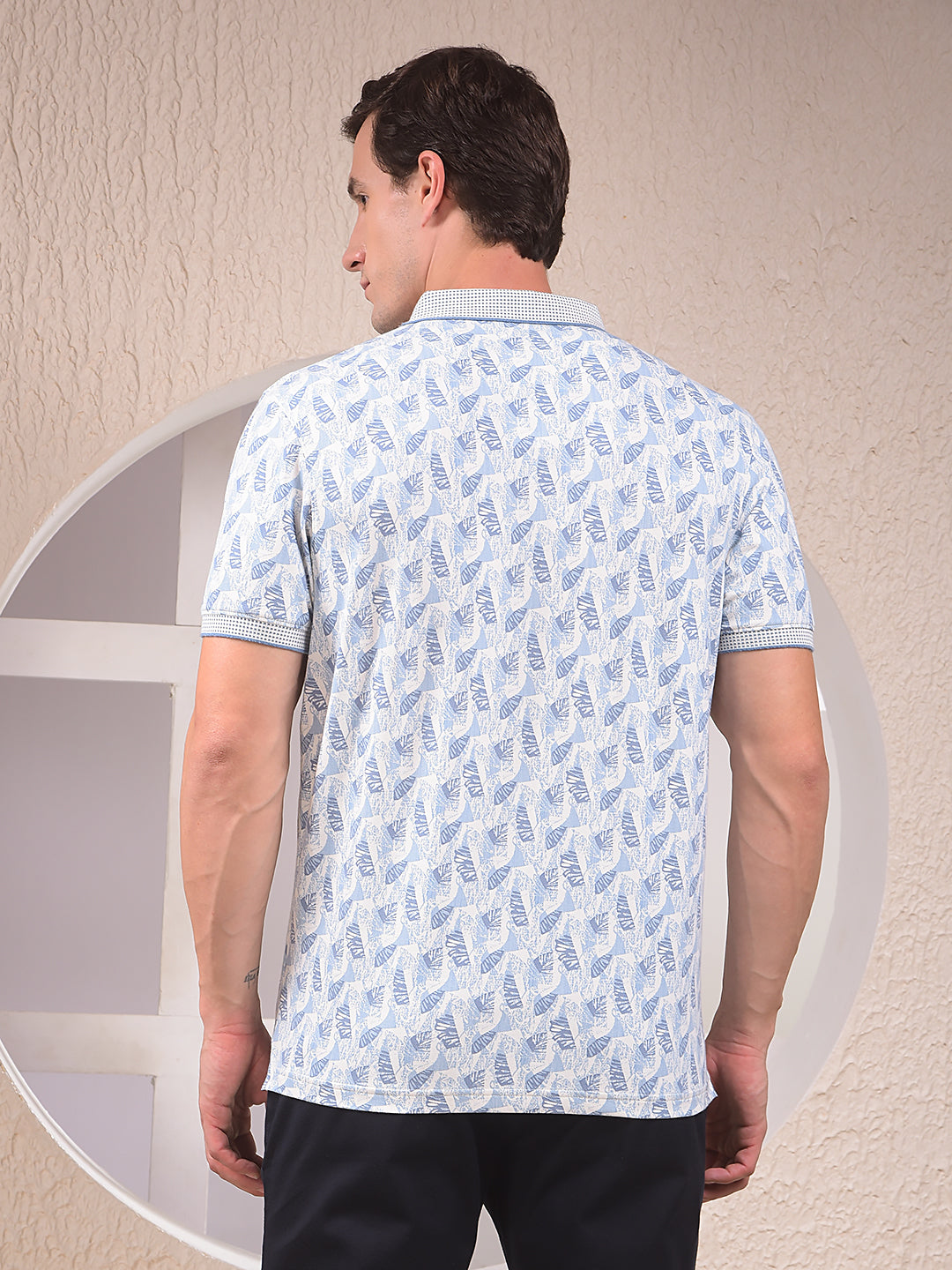 Blue Printed Polo Neck T-Shirt