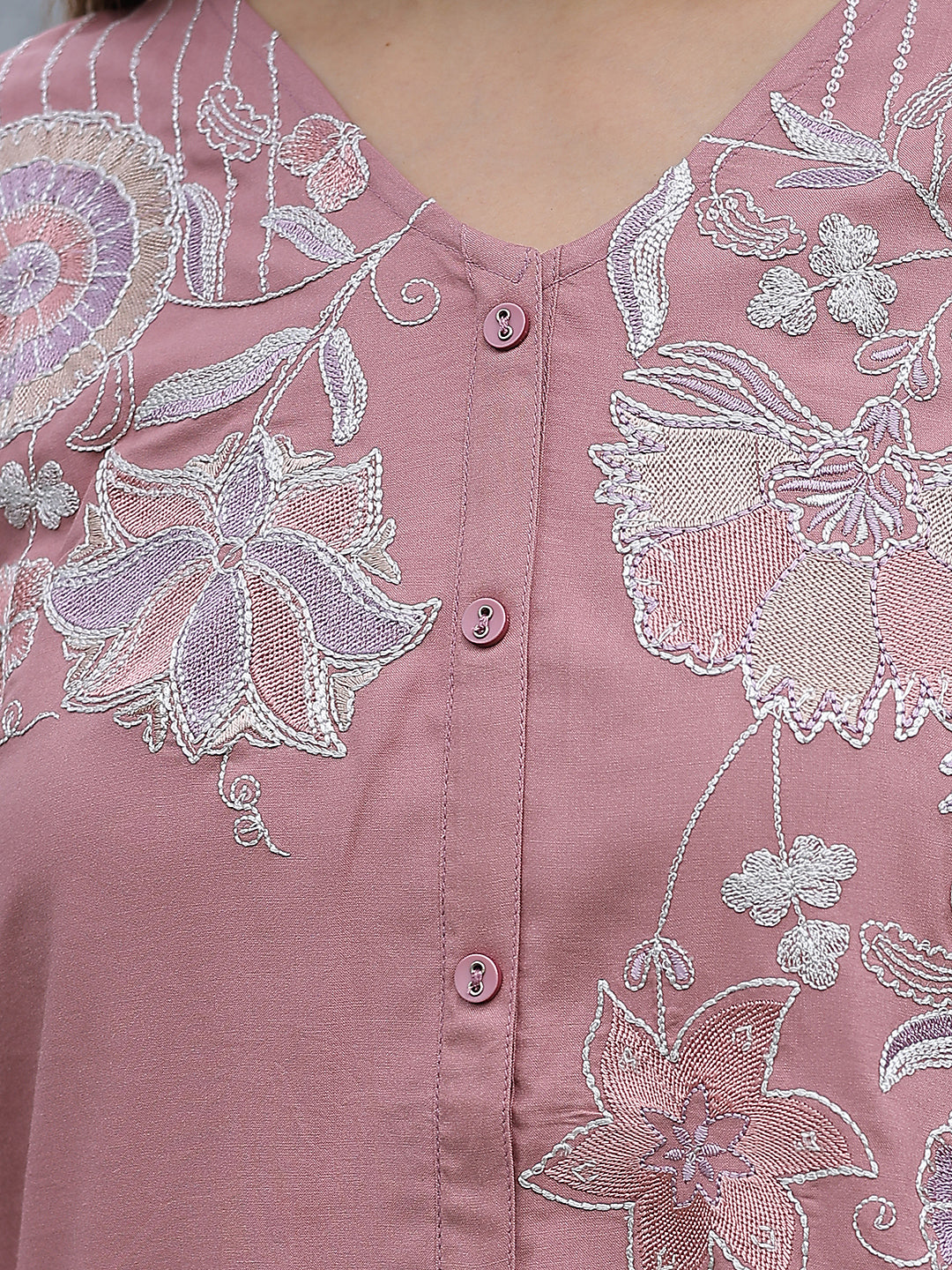 Pink Embroidered V-Neck Top