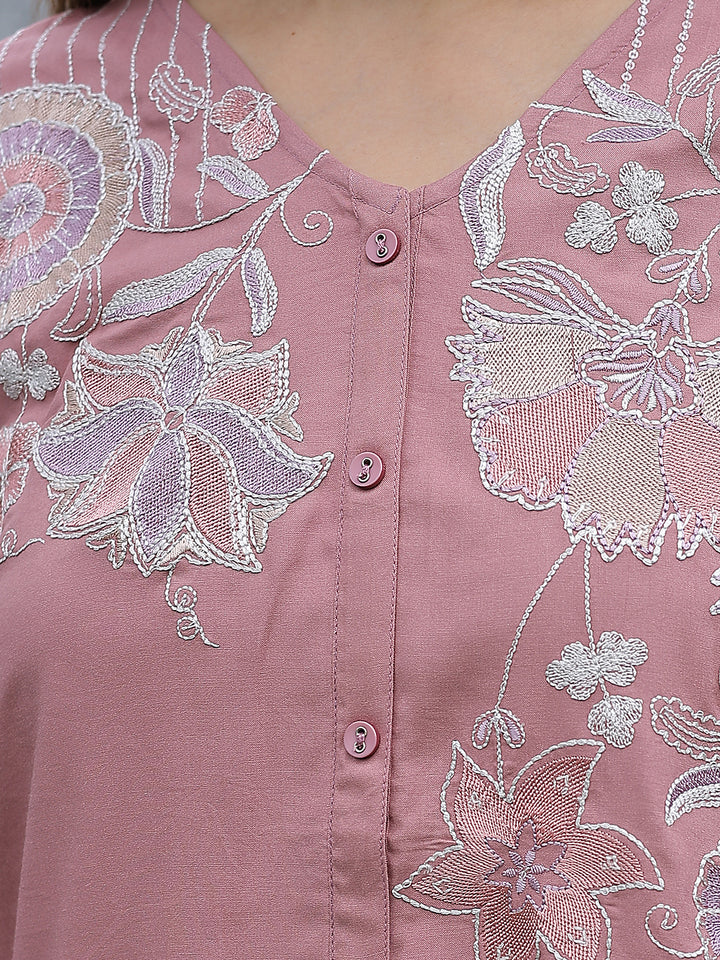 Pink Embroidered V-Neck Top