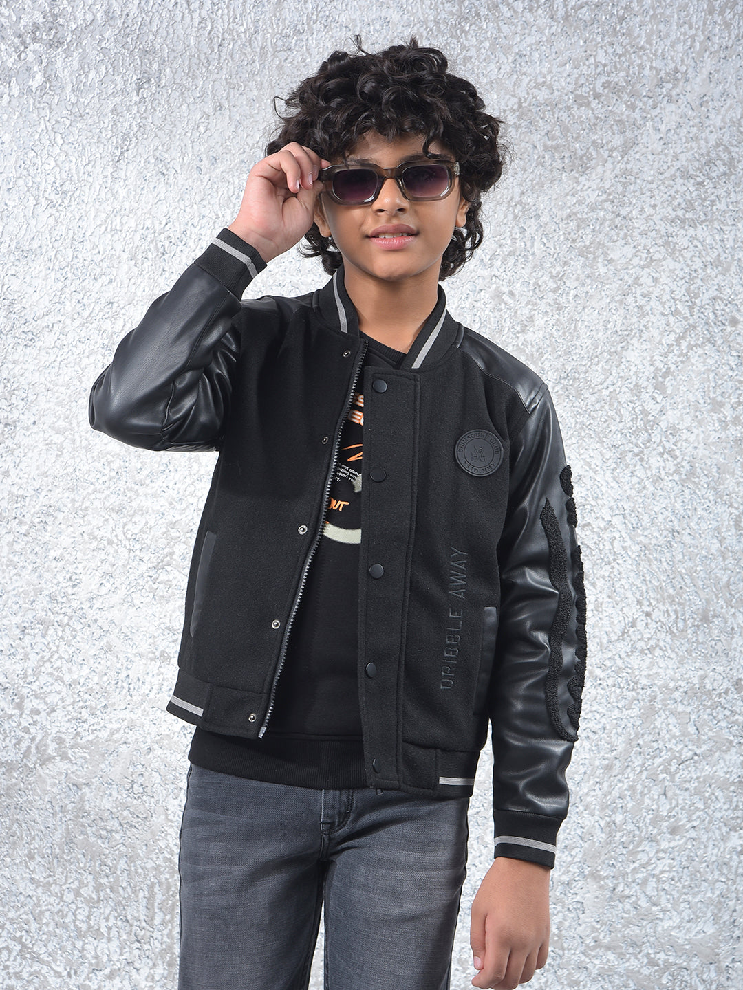 Black Typographic Print Varsity Jacket
